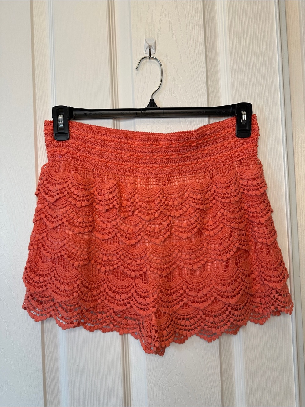 Crochet Lace Lined Shorts in Coral Hot Pink